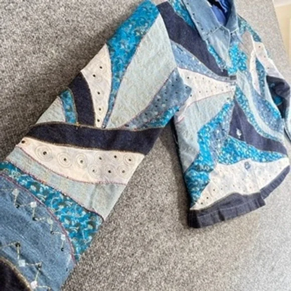 Patchwork Denim 100% Cotton Jacket Sz M Art to Wear Shabby Chic Hippie Bohemian - Picture 10 of 16